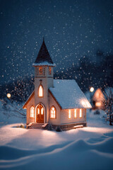 Fototapeta premium Peaceful Snowy Church at Night – Warm Christmas Spirit in Winter Countryside