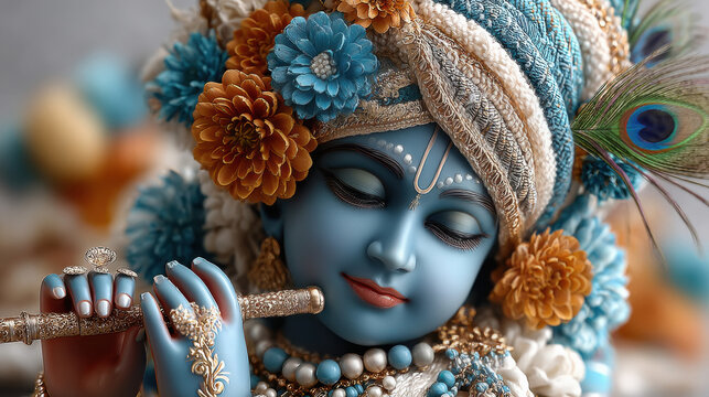 beautiful Lord Krishna idol beautifully decorated with peacock feathers.