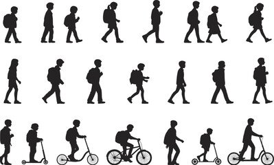 Silhouettes of children walking, riding scooters, and biking with backpacks in various active poses.