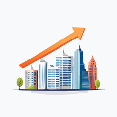 Modern city skyline with a rising orange arrow graphic illustrating economic progress, property value increase, and financial success