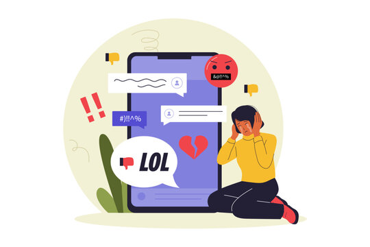 Cyberbullying and Online Harassment Illustration. A Woman Feeling Sad and Stressed from Negative Comments on Her Smartphone, Highlighting Digital Bullying and Mental Health. Vector Flat Illustration