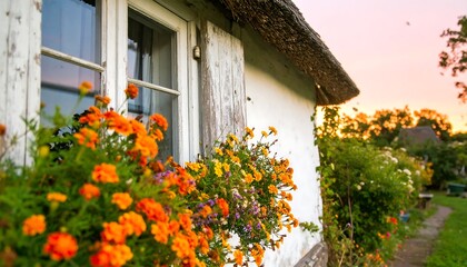 Cottage Window Flowers Dusk