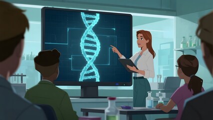 A teacher explains DNA structure to students in a classroom setting.