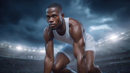 Athletic man preparing to sprint in a dramatic sports setting.