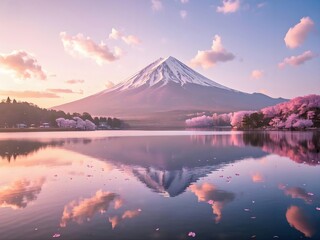 A serene landscape with Mount Fuji's snow - capped peak reflected in a calm lake, surrounded by cherry blossom trees under a pastel sky with clouds.