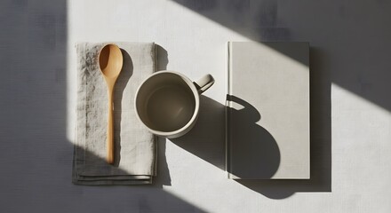 Rustic still life with coffee cup, wooden spoon, and book, capturing a cozy and minimalist aesthetic isolated on white background