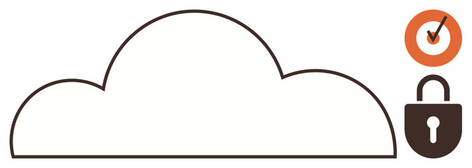 Cloud outline with padlock for security and checkmark in orange circle for trust. Ideal for cloud computing, data security, service reliability, trust, technology, business, innovation. Simple flat