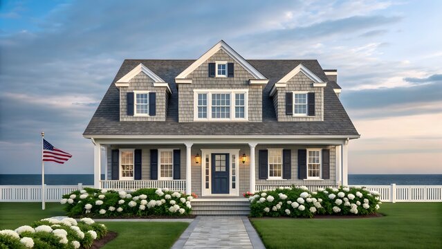 Charming coastal cottage with american flag and hydrangeas by the ocean - Powered by Adobe