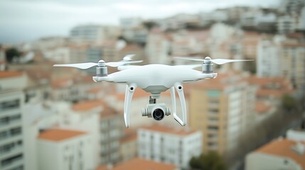 White Drone with 4 Propellers in Foreground, Hovering in Air, Blurred Cityscape & Overcast Sky Background