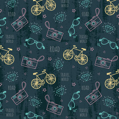 Hand drawn seamless pattern of travel summer vacation elements, luggage, map, suitcase, sea star. Doodle sketch style. Travel element drawn by digital pen. Illustration for wallpaper, background