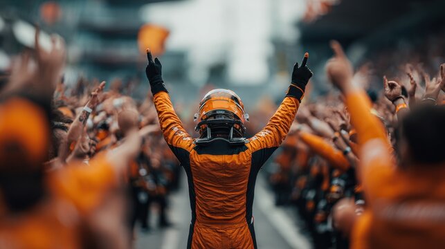 F1 racer rejoices in triumph while enthusiastic pit team gathers around on race day