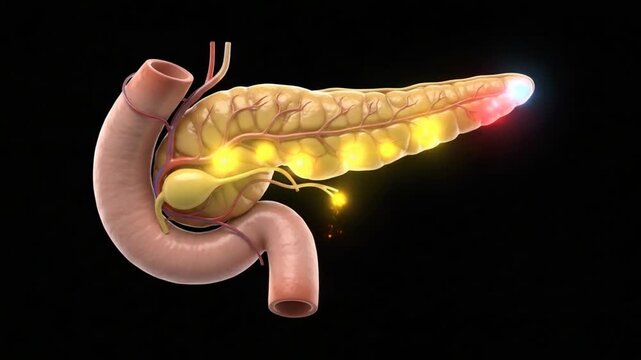 Detailed anatomical illustration of the human pancreas and duodenum for medical textbooks, educational materials, and healthcare presentations