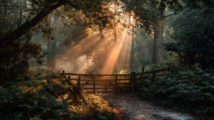 Scenic woodland trail with rustic gate and stone columns bathed in morning sunlight streaming through trees, creating a tranquil, mystical, and enchanting forest landscape