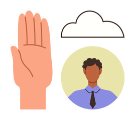 Raised hand alongside a professional figure in a tie and a cloud outline. Ideal for themes of communication, leadership, trust, honesty, business networking, remote work, simple flat metaphor