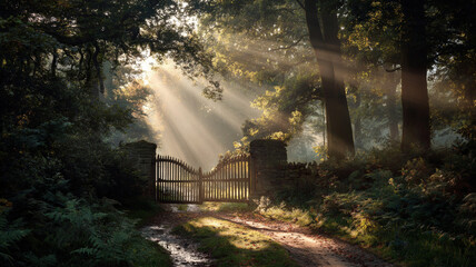 Enchanting forest path with wooden gate and sunlight rays shining through trees, creating a mystical and serene woodland landscape with natural morning atmosphere