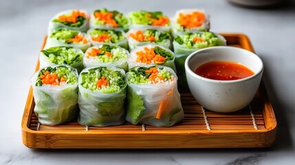 A tray of pre-cooked spring rolls on a bamboo mat, dipping sauce beside, copy space at the bottom,
