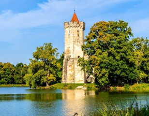 Medieval tower by a tranquil lake