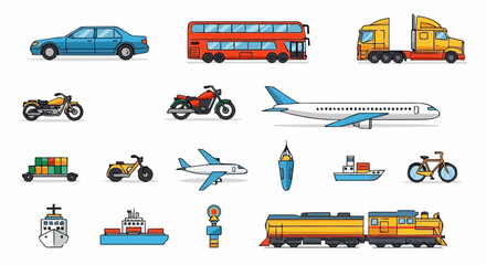Vector icon set of vehicles including cars, buses, trucks, motorcycles, bicycles, airplanes, ships, and trains