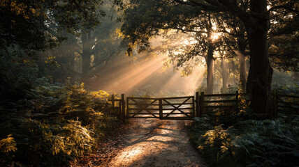 Scenic woodland trail with rustic gate and stone columns bathed in morning sunlight streaming through trees, creating a tranquil, mystical, and enchanting forest landscape