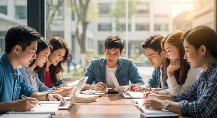 A group of students working together on a project in a university setting.