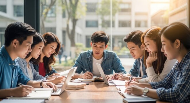 A group of students working together on a project in a university setting.