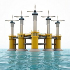 tidal energy system Futuristic offshore platform with turbines in a calm sea setting.