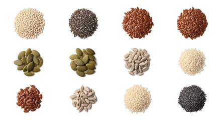 Assortment of various seeds and grains, neatly arranged on white background.