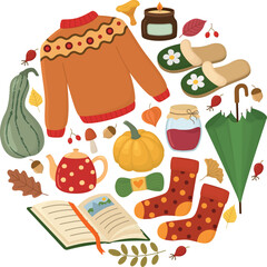Autumn round illustration with seasonal elements. Hand drawn composition of of fall-themed sweater, candle, pumpkin, socks, leaves, slippers etc