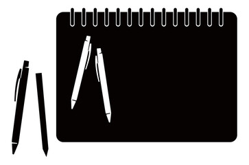 A silhouette of a book or sheet of paper with a pen on top of it, with a transparent background. This image can be recolored. This icon is for stickers or banners for stationery stores and libraries.