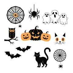 Collection of halloween icons including ghosts, bats, and pumpkins