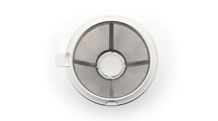 Close-up of a circular, white, metal filter component with gray sections.