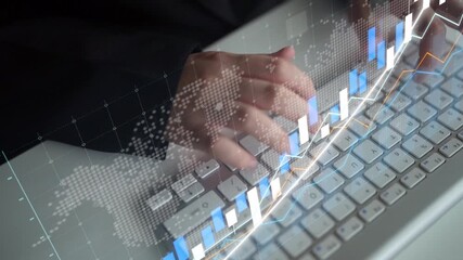 A business professional analyzes digital data trends on a laptop. A financial growth chart overlay enhances the workspace, emphasizing technology and productivity. Copula - Powered by Adobe