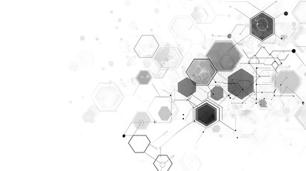High-Key Abstract Design: Hexagon & Line Network on White Background, Gray Tones, Data/Molecular Vibe
