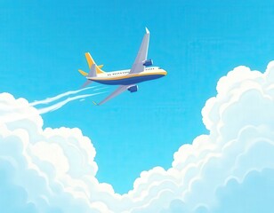 A colorful illustration of an airplane soaring through a bright blue sky with fluffy white clouds.