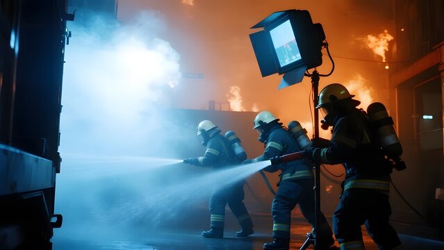 Firefighters battling a blaze with water hoses under intense heat and smoke