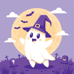 Cute ghost wearing a witch hat with bats and moon on halloween night