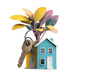 Tiny blue house with keys and colorful leaves
