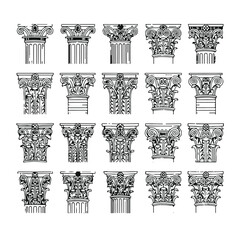 Collection of classical column capitals isolated on white