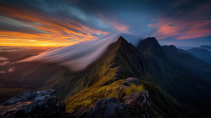 Obraz premium Epic timelapse of sunrise clouds rolling over mountain ridges and misty valleys