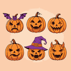 Collection of six carved pumpkins with various spooky faces and a witch hat