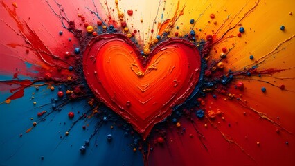 Chaotic aerial view of vibrant impasto heart in abstract eruption.