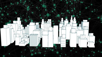Animation of 3d urban financial city against network connecting dots on digital interface - Powered by Adobe