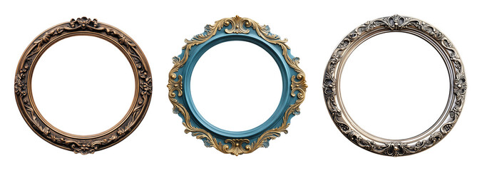 Collection of three decorative vintage picture frames isolated on transparent background