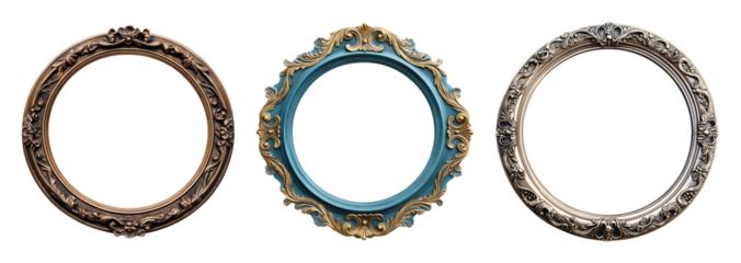 Collection of three decorative vintage picture frames isolated on transparent background