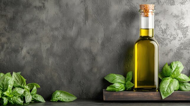 A bottle of basil olive oil on a kitchen shelf, fresh basil around, copy space on the left, - Powered by Adobe