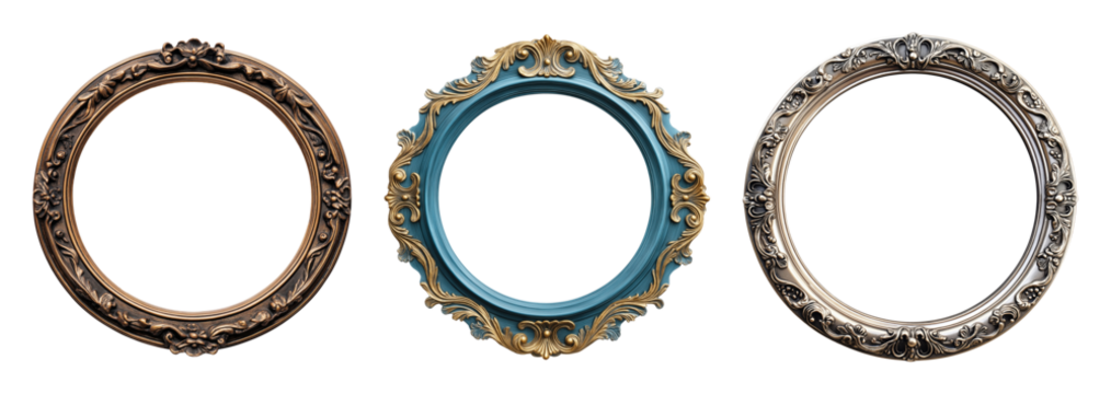 Collection of three decorative vintage picture frames isolated on transparent background