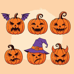 Set of halloween pumpkins with faces and witch hat isolated on background