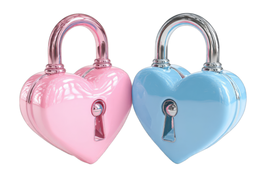 Two heart-shaped padlocks, pink and light blue, positioned side-by-side