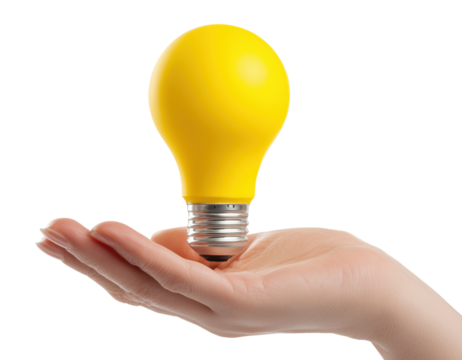 Open palm with bright yellow glowing light bulb isolated on transparent background