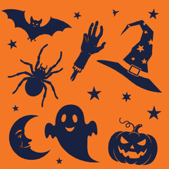 Halloween icons including a bat, spider, ghost, pumpkin, moon, and witch hat
